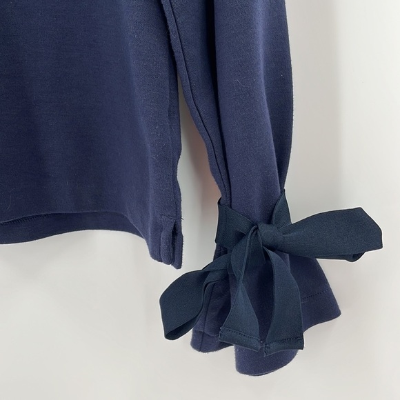 J Crew Navy Tie Bell Sleeve Sweatshirt Pull Over Crew Neck Wrist Bow XSmall - Picture 4 of 9